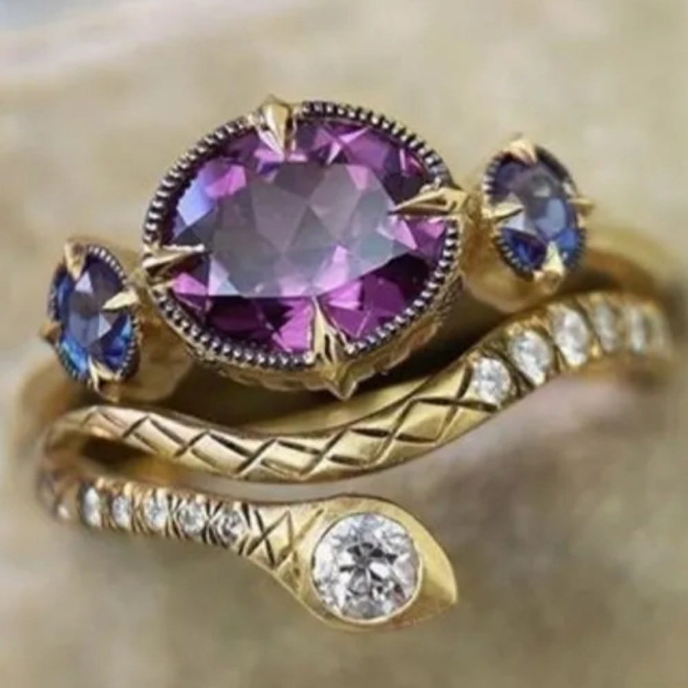 NWT Beautiful Set Of Two Sparkling Gold Size 7 Ring Set Snake Purple& Blue Stone